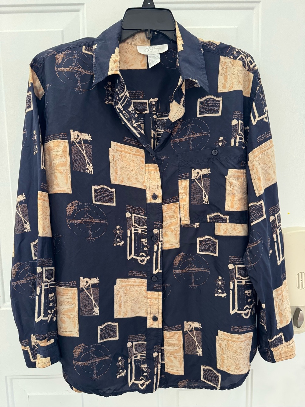Vintage Printed Black Button-Front Blouse with Tan Graphic Accents